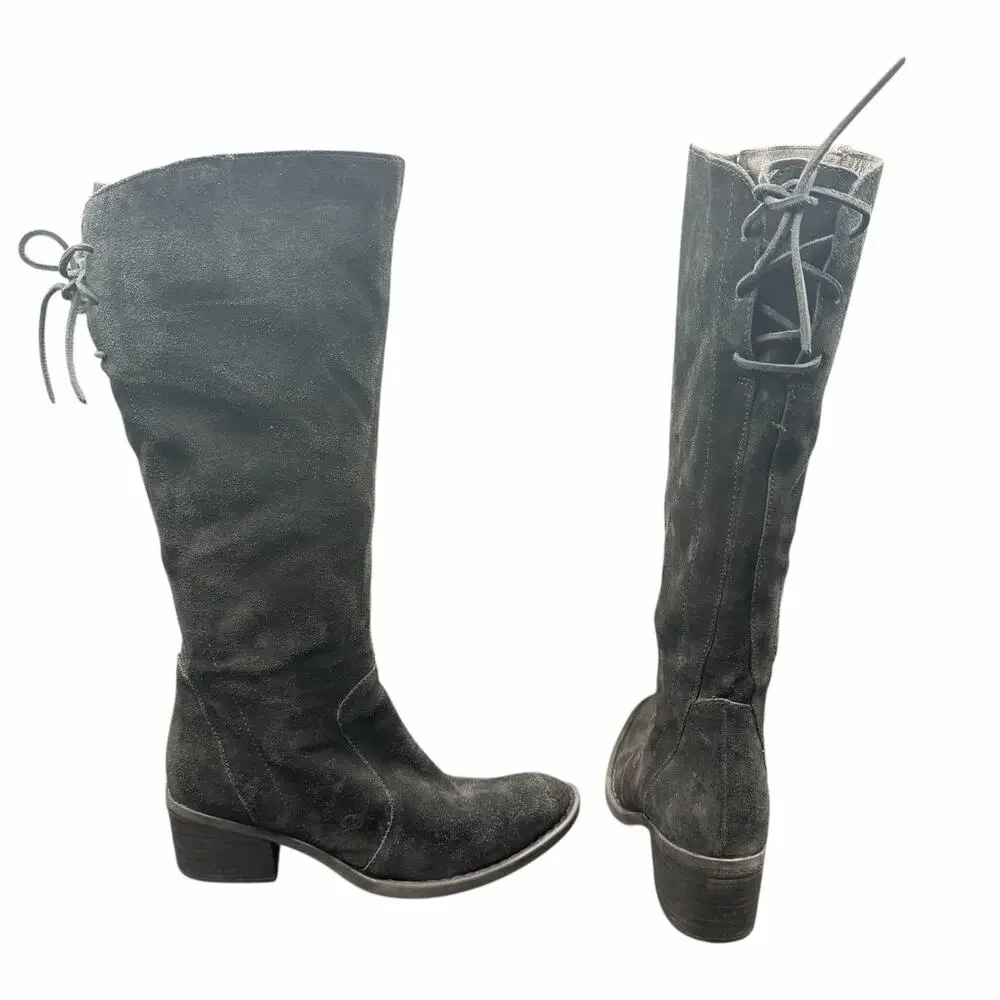 Born Black Suede Tall Riding Boots Lace Back 9M F33103